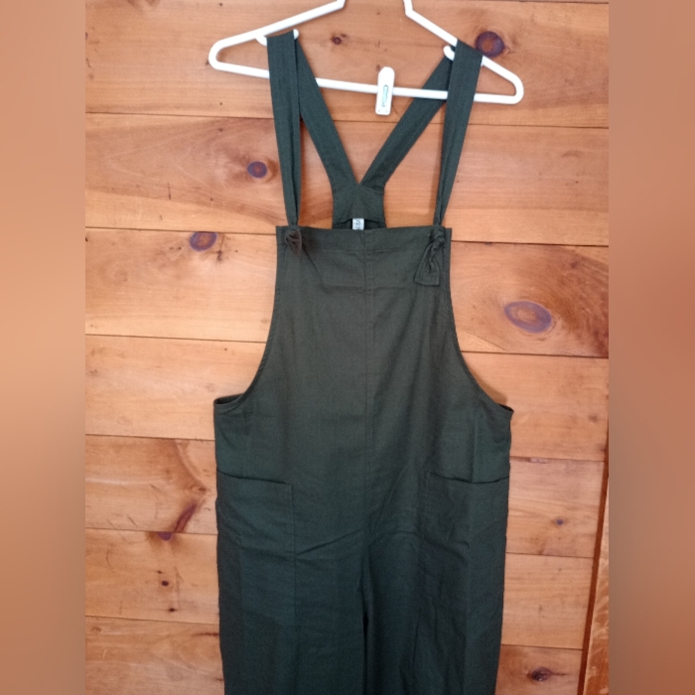 New Dark Olive Knotted Wide Leg Stretch Cotton Overall Jumpsuit - Picture 4 of 11